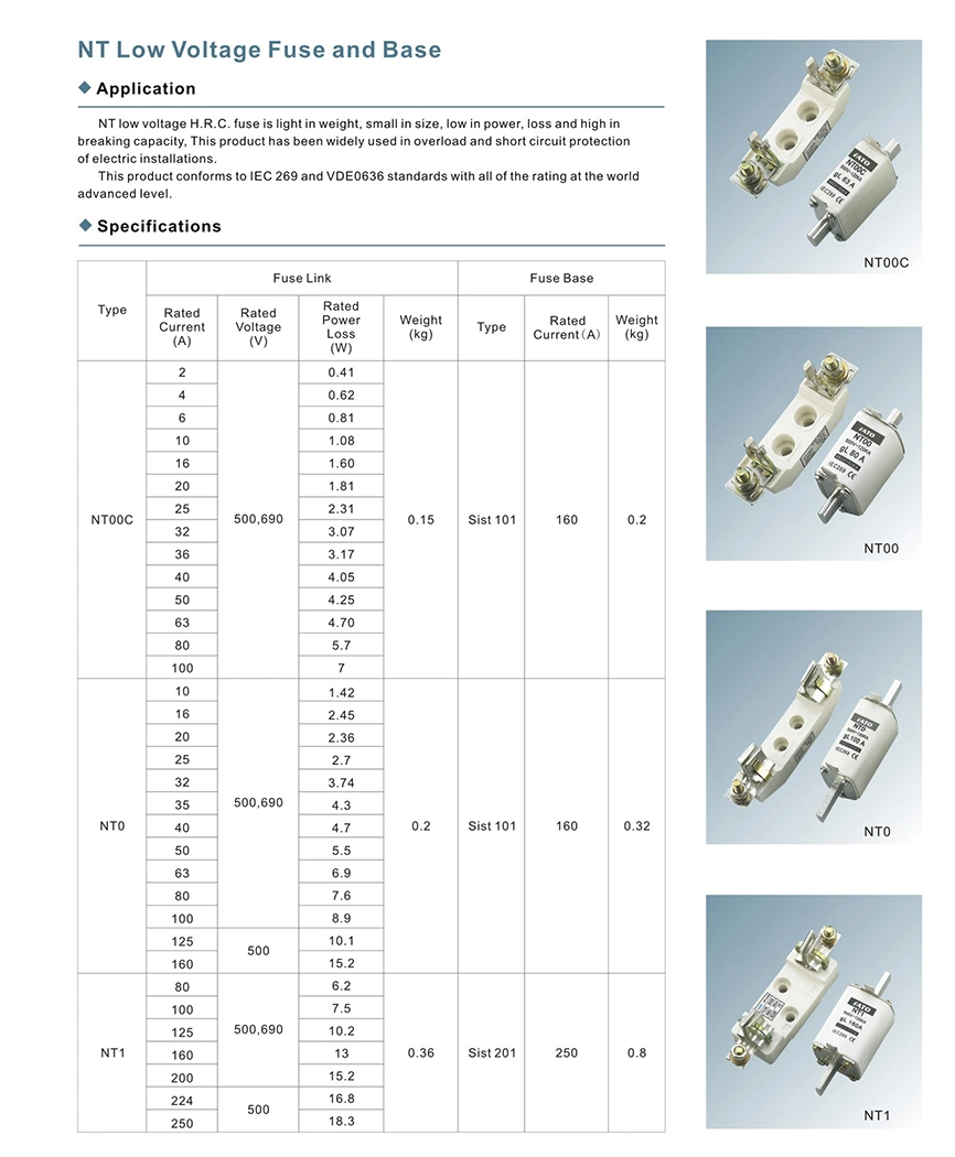 European Quality Fuse Link and Fuse Base AC500V /AC690V/DC440V Breaking AC120ka/AC50ka/DC440V